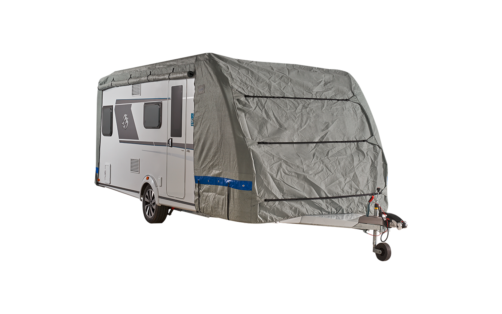 White caravan with a grey fabric covering the front; side windows, one wheel and tow hitch visible
