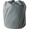 Cylindrical grey fabric bag with a textured surface and a gathered top edge