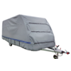 Trailer covered with a gray tarp, blue stripe along the bottom, hitch with red handle and wheels visible