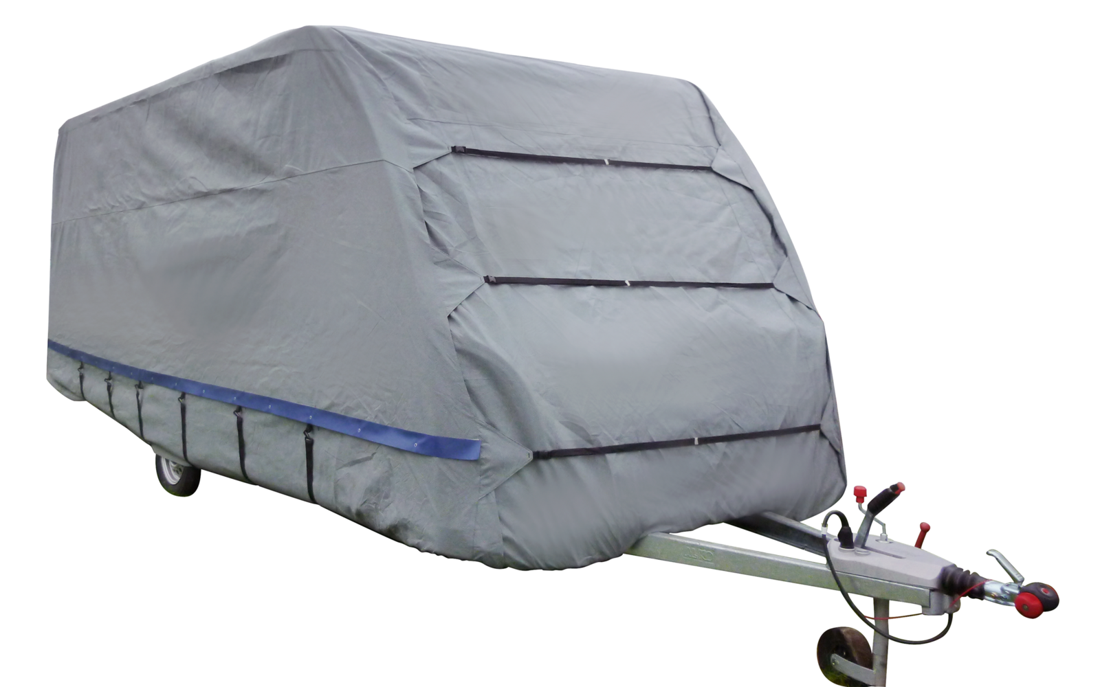 Trailer covered with a gray tarp, blue stripe along the bottom, hitch with red handle and wheels visible