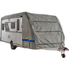 White caravan with a grey fabric covering the front; side windows, one wheel and tow hitch visible