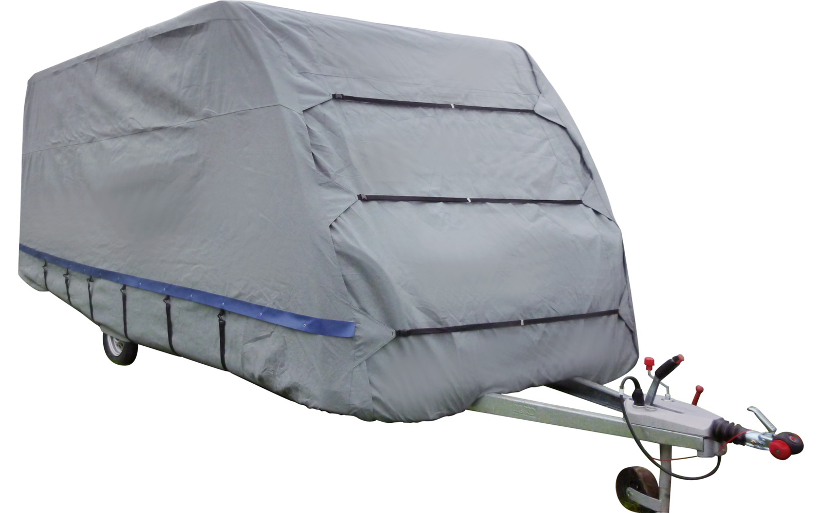 Trailer covered with a gray tarp, blue stripe along the bottom, hitch with red handle and wheels visible