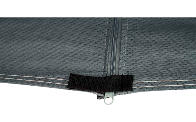Close-up of a gray textured fabric with a centered zipper and a black Velcro strip at the bottom