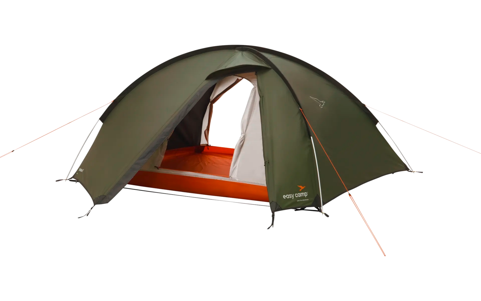 Grünes Campingzelt mit geöffnetem Eingang auf weißem Hintergrund