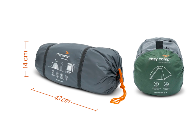 Grauer Packsack mit orangem Zugband und grünem komprimiertem Packsack, beide gut sichtbar