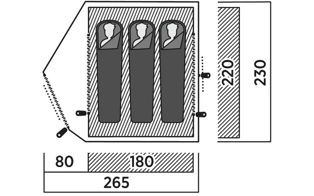 Technische Zeichnung mit Maßen von vier zylindrischen Objekten in einer rechteckigen Box