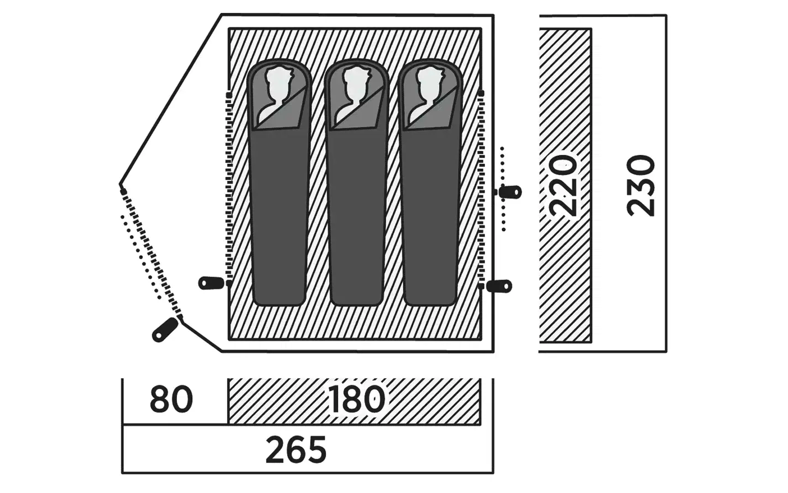 Technische Zeichnung mit Maßen von vier zylindrischen Objekten in einer rechteckigen Box