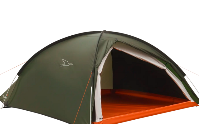 Una tenda a cupola verde con interno arancione su sfondo bianco