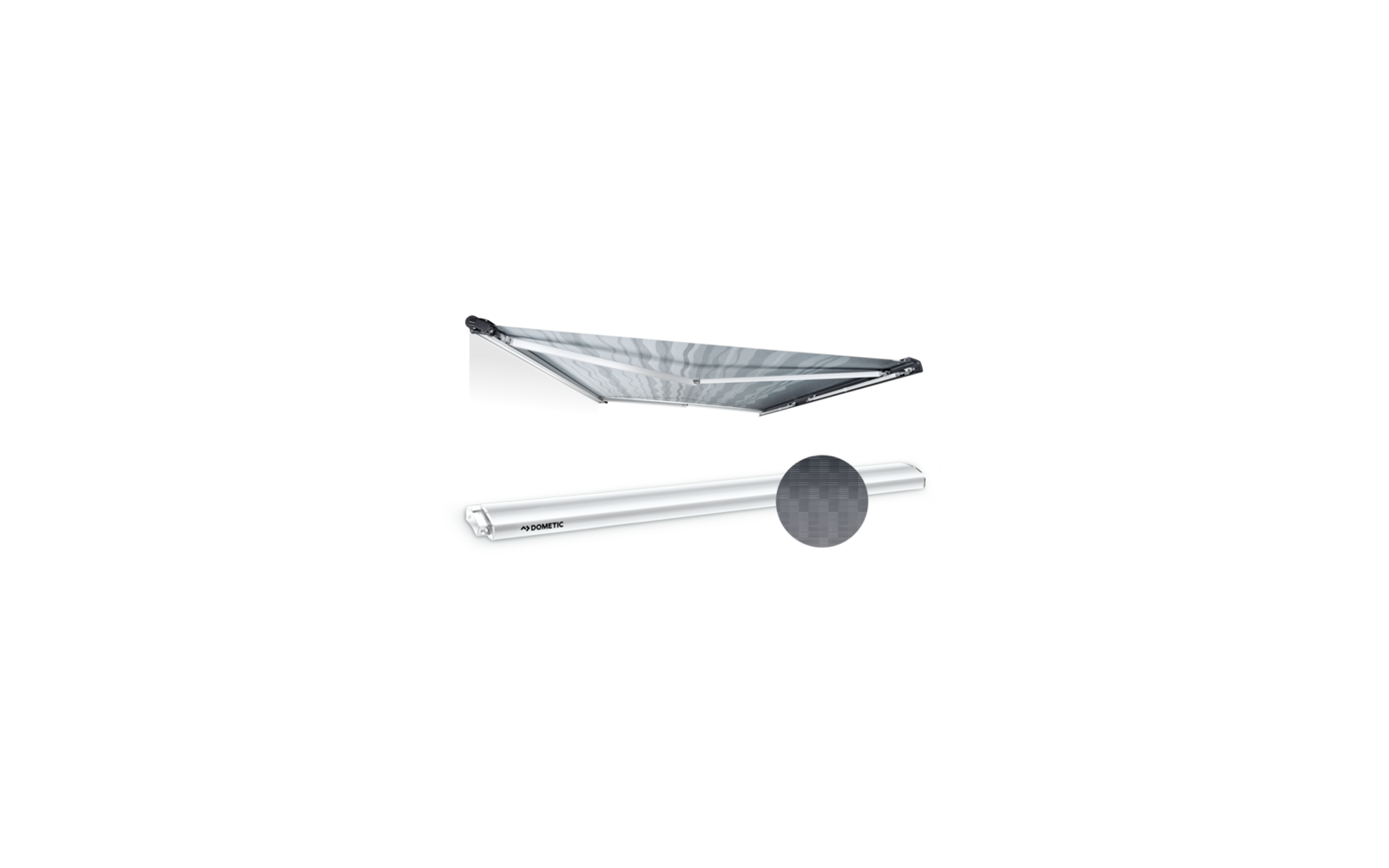 Cassette cylindrique argentée portant l'inscription DOMETIC, auvent étendu gris clair à motif de fines rayures, deux bras de support inclinés et une zone circulaire agrandie montrant la texture du tissu