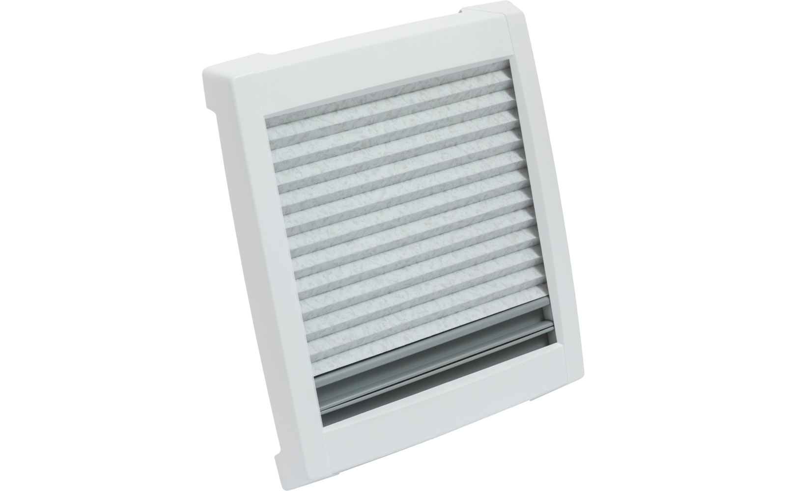 Weißer quadratischer Rahmen mit gefaltetem grauen Einsatz in der Mitte und schmaler horizontaler Leiste unten