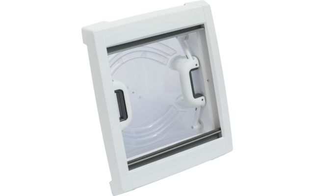 Weiße Katzenklappe mit transparentem Türteil und grauem Rahmen