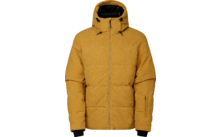 Gepolsterte senfgelbe Jacke mit Kapuze, durchgehendem Reißverschluss, schwarzem Kapuzenfutter, Kordeln, gesteppter Optik und Reißverschlusstasche am Ärmel