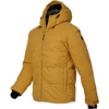 Ockerfarbene gesteppte Jacke mit Kapuze, vornem Reißverschluss, seitlichen Taschen und schwarzem Innenfutter an Kapuze und Bündchen, auf weißem Hintergrund