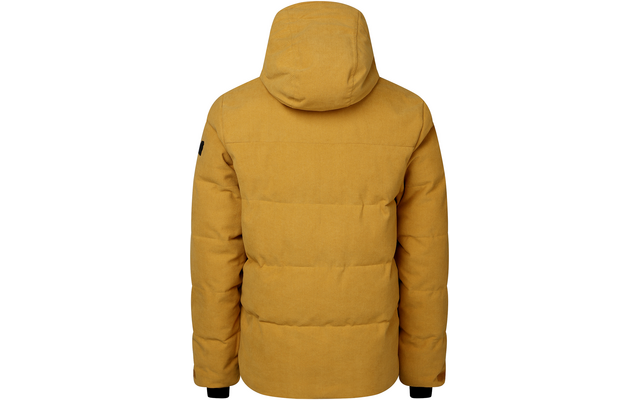 Rückansicht einer gelben Steppjacke mit Kapuze auf weißem Hintergrund