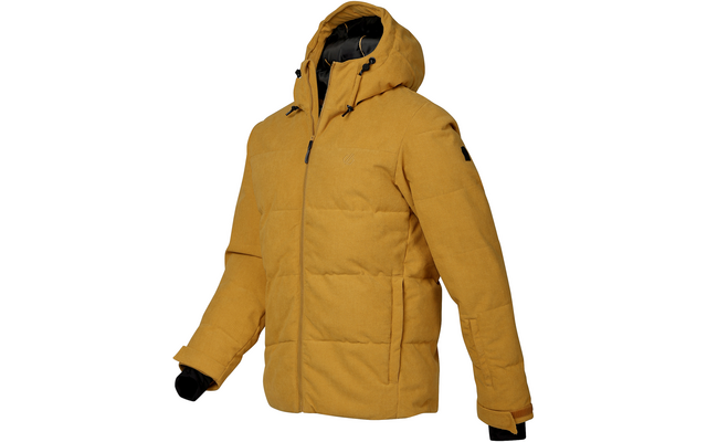 Ockerfarbene gesteppte Jacke mit Kapuze, vornem Reißverschluss, seitlichen Taschen und schwarzem Innenfutter an Kapuze und Bündchen, auf weißem Hintergrund
