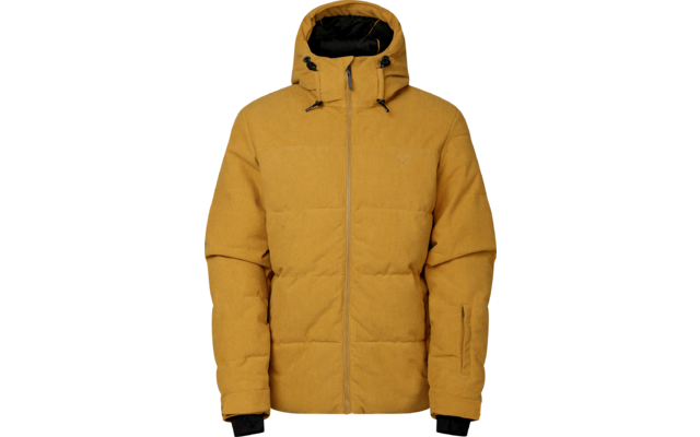 Gepolsterte senfgelbe Jacke mit Kapuze, durchgehendem Reißverschluss, schwarzem Kapuzenfutter, Kordeln, gesteppter Optik und Reißverschlusstasche am Ärmel