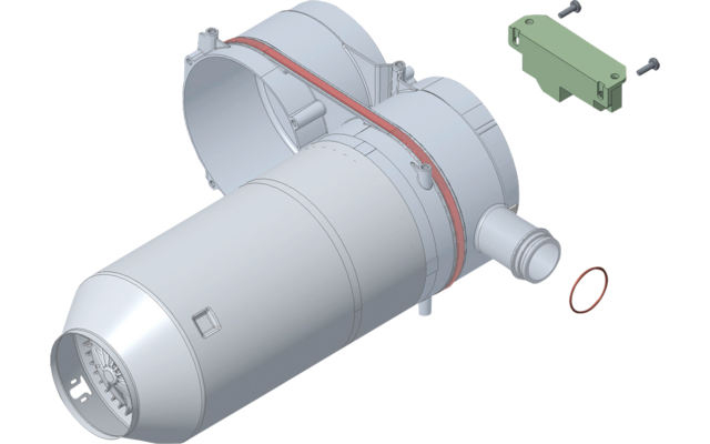Graues zylindrisches Bauteil in 3D-Ansicht, roter O-Ring, grünes rechteckiges Teil mit zwei Schrauben, halbrunde Metallklammer und seitliche Anschlussöffnung