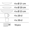 Piktogramme mit Text: 4× Ø 21 cm, 4× Ø 20 cm, 4× Ø 25 cm, 4× 20 cl (Tasse), 4× 30 cl (Glas), Besteck 16 Stück