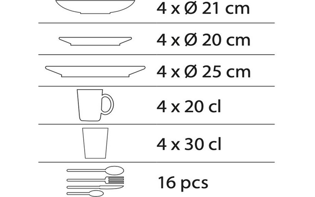 Piktogramme mit Text: 4× Ø 21 cm, 4× Ø 20 cm, 4× Ø 25 cm, 4× 20 cl (Tasse), 4× 30 cl (Glas), Besteck 16 Stück