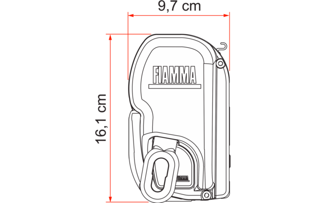 Maßzeichnung einer rechteckigen Tasche mit dem Aufdruck ‚FIAMMA‘, Höhe 16,1 cm, Breite 9,7 cm