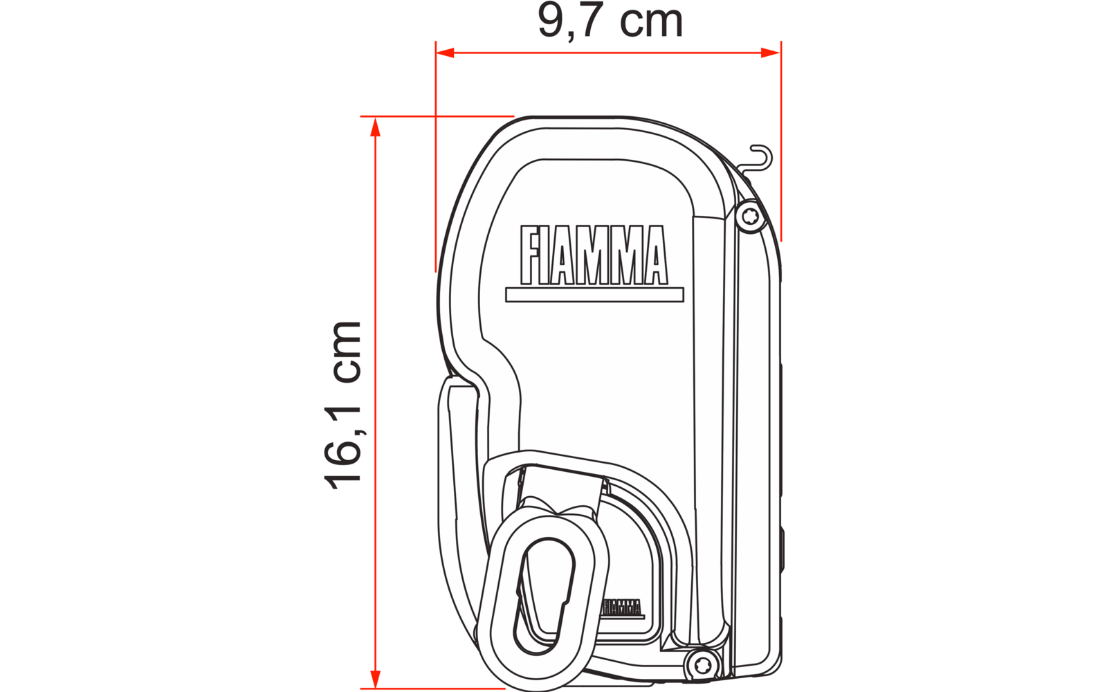 Maßzeichnung einer rechteckigen Tasche mit dem Aufdruck ‚FIAMMA‘, Höhe 16,1 cm, Breite 9,7 cm