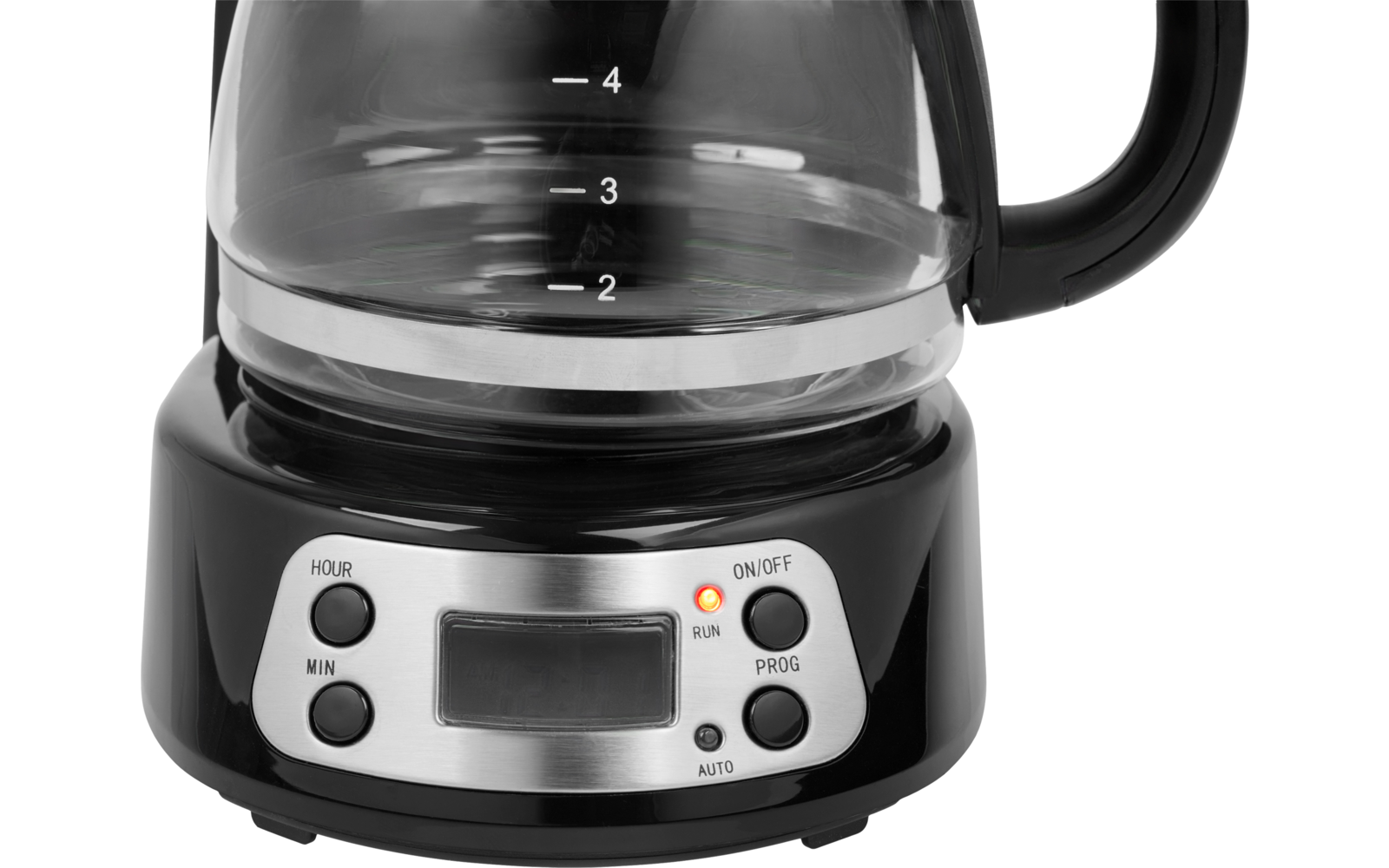 Partie inférieure d'une cafetière en verre sur une base noire avec écran numérique "12:01", boutons et voyant orange