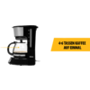 Machine à café filtre noire avec verseuse en verre sur fond blanc. Flèche et étiquette '0,75L' pointent vers la verseuse. À droite un encadré jaune avec le texte noir '4-6 TASSEN KAFFEE AUF EINMAL'