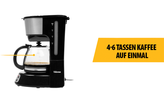 Machine à café filtre noire avec verseuse en verre sur fond blanc. Flèche et étiquette '0,75L' pointent vers la verseuse. À droite un encadré jaune avec le texte noir '4-6 TASSEN KAFFEE AUF EINMAL'