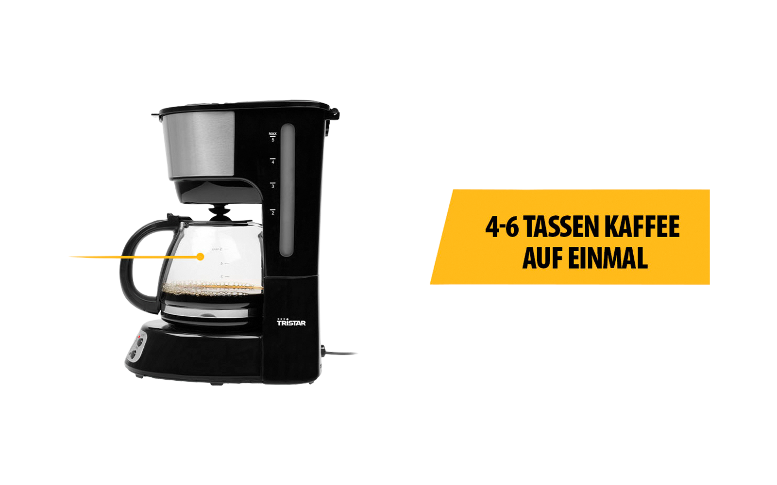 Machine à café filtre noire avec verseuse en verre sur fond blanc. Flèche et étiquette '0,75L' pointent vers la verseuse. À droite un encadré jaune avec le texte noir '4-6 TASSEN KAFFEE AUF EINMAL'