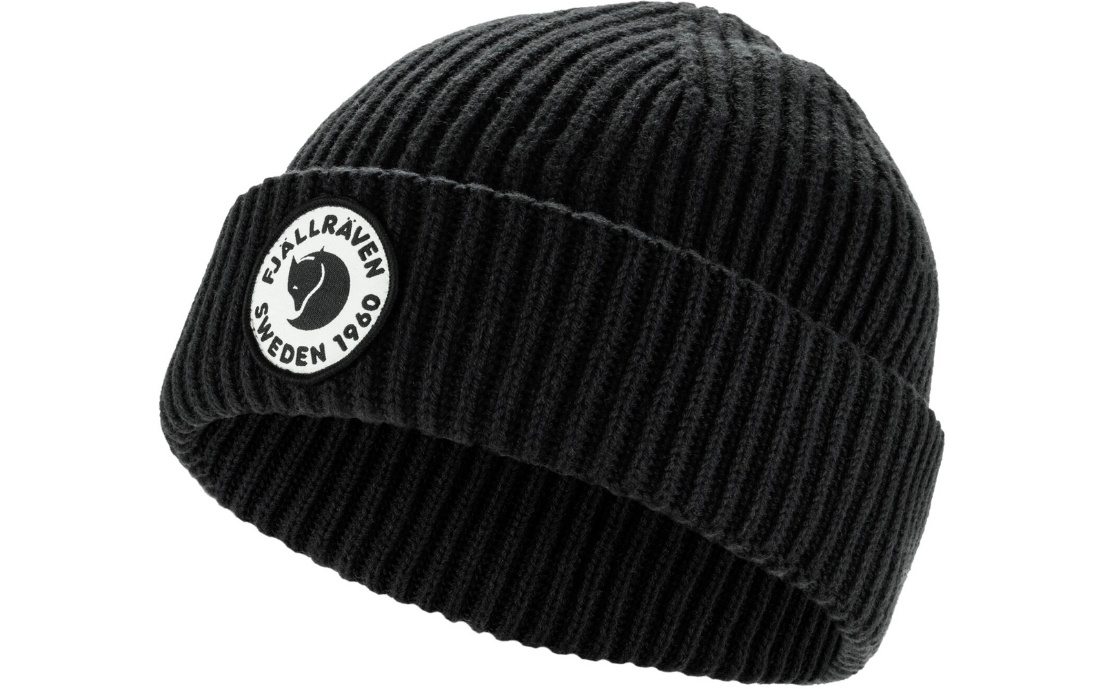 Schwarze Strickmütze mit Umschlag und weißem runden Logo am Rand