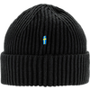 Schwarze gestrickte Mütze mit aufgerolltem Rand und kleinem blauen F-Logo