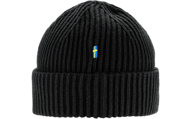 Schwarze gestrickte Mütze mit aufgerolltem Rand und kleinem blauen F-Logo
