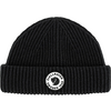 Schwarze Strickmütze mit Umschlag und rundem Logo vorne