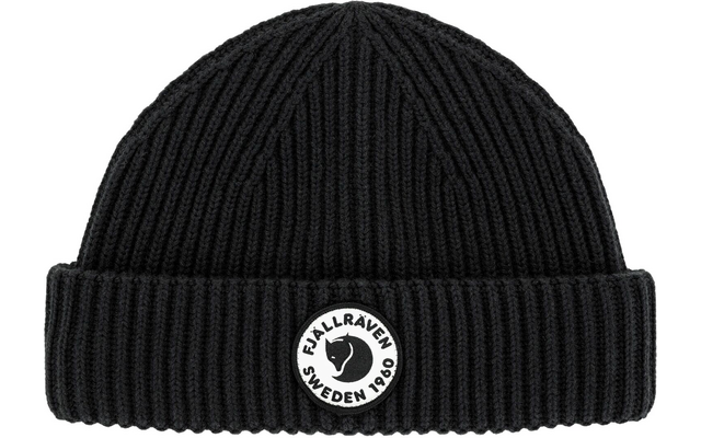 Schwarze Strickmütze mit Umschlag und rundem Logo vorne