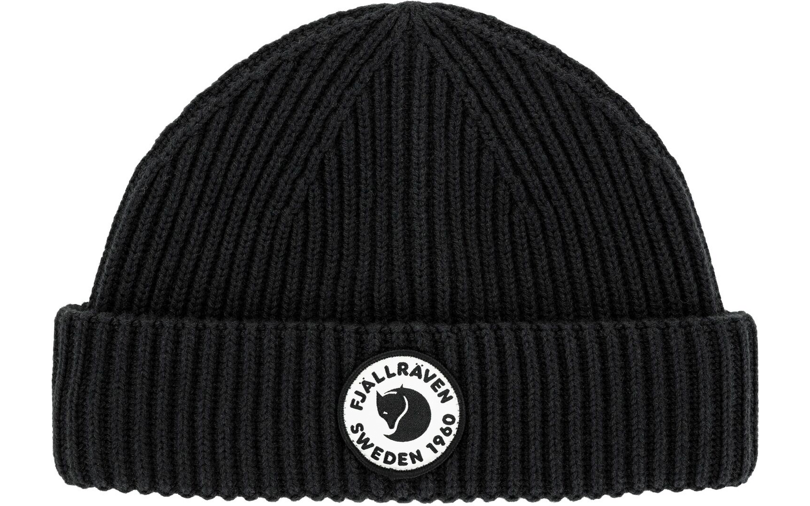 Schwarze Strickmütze mit Umschlag und rundem Logo vorne