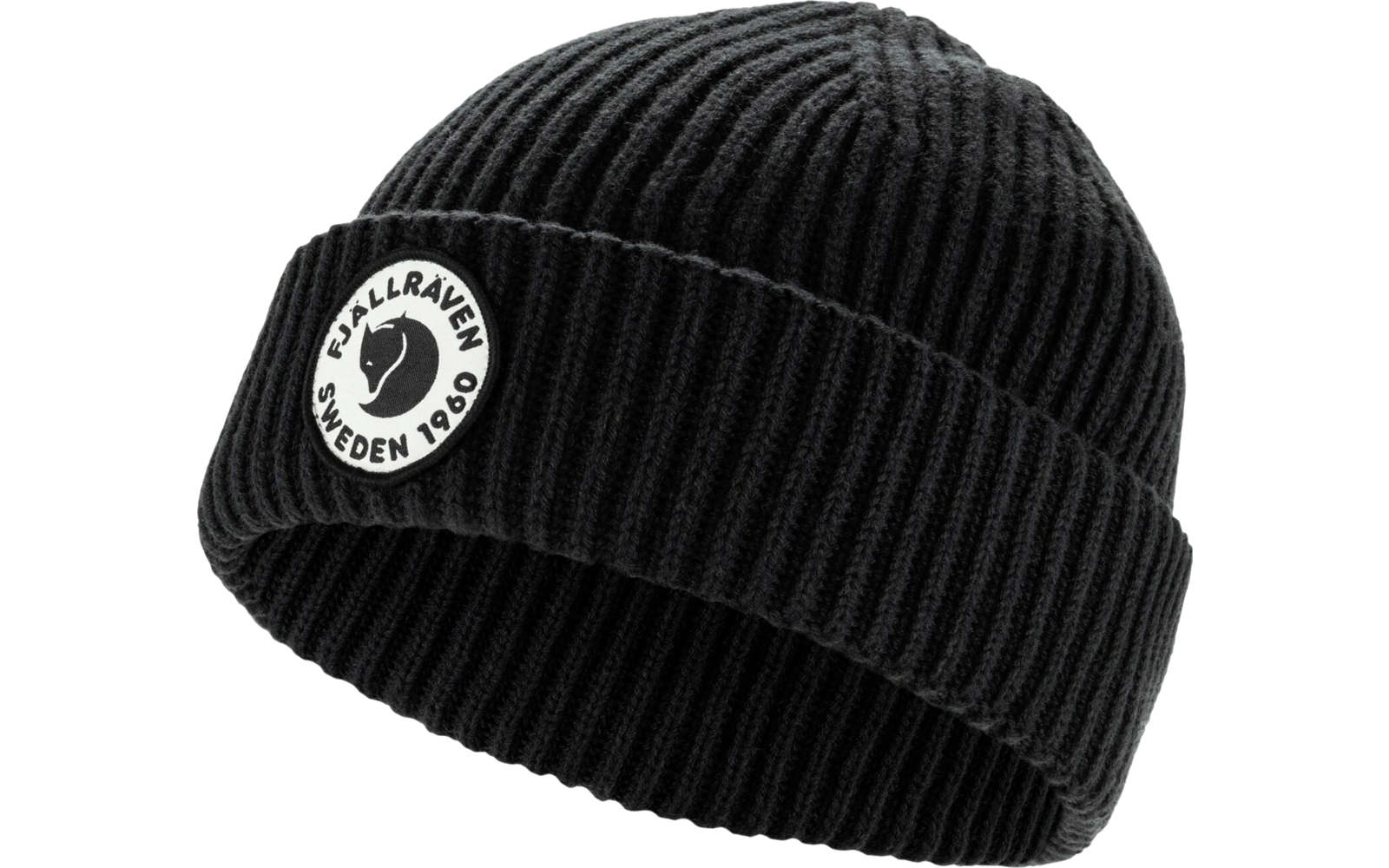 Bonnet en tricot noir avec revers et logo rond blanc sur le bord