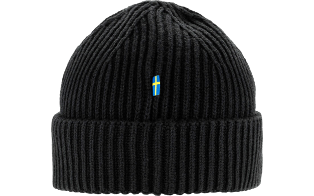 Bonnet en tricot noir avec bord plié et petit logo F bleu