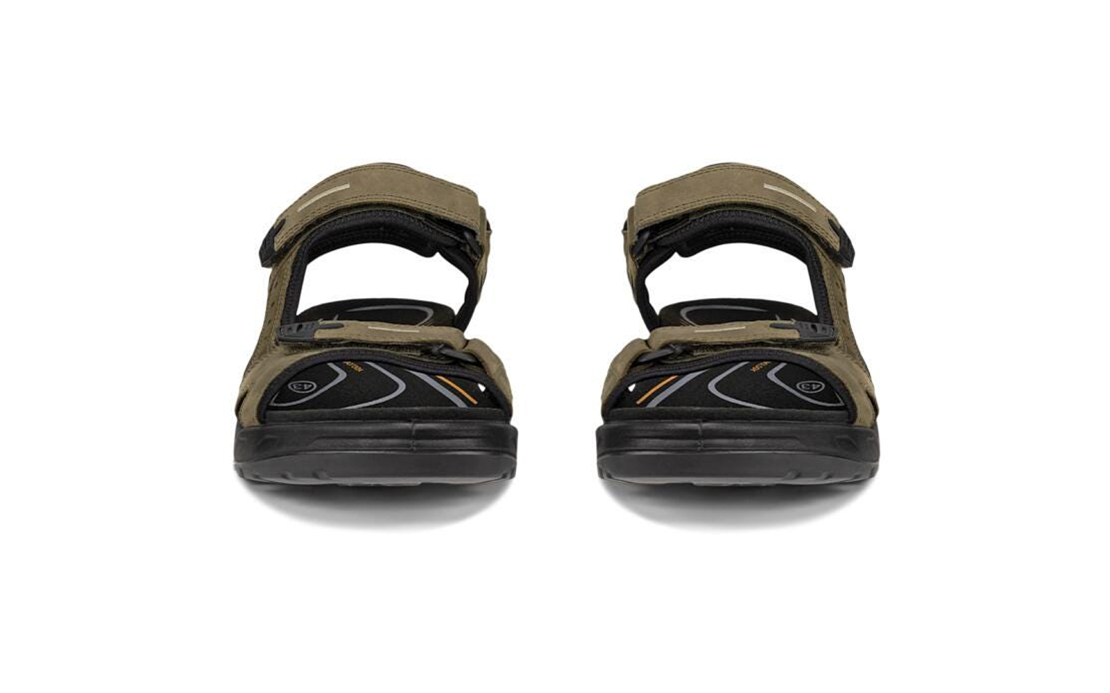 Deux sandales ouvertes côte à côte, vue de face, brides olive avec fermetures auto-agrippantes, semelles intérieures et extérieures noires, motif orange-gris sur la semelle intérieure