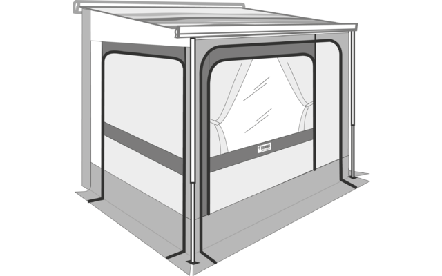 Rechthoekige vrijstaande overkapping met plat dak, vier steunpalen, open voorkant met teruggebonden gordijnen, zijpanelen met horizontale streep en verhoogde vloer