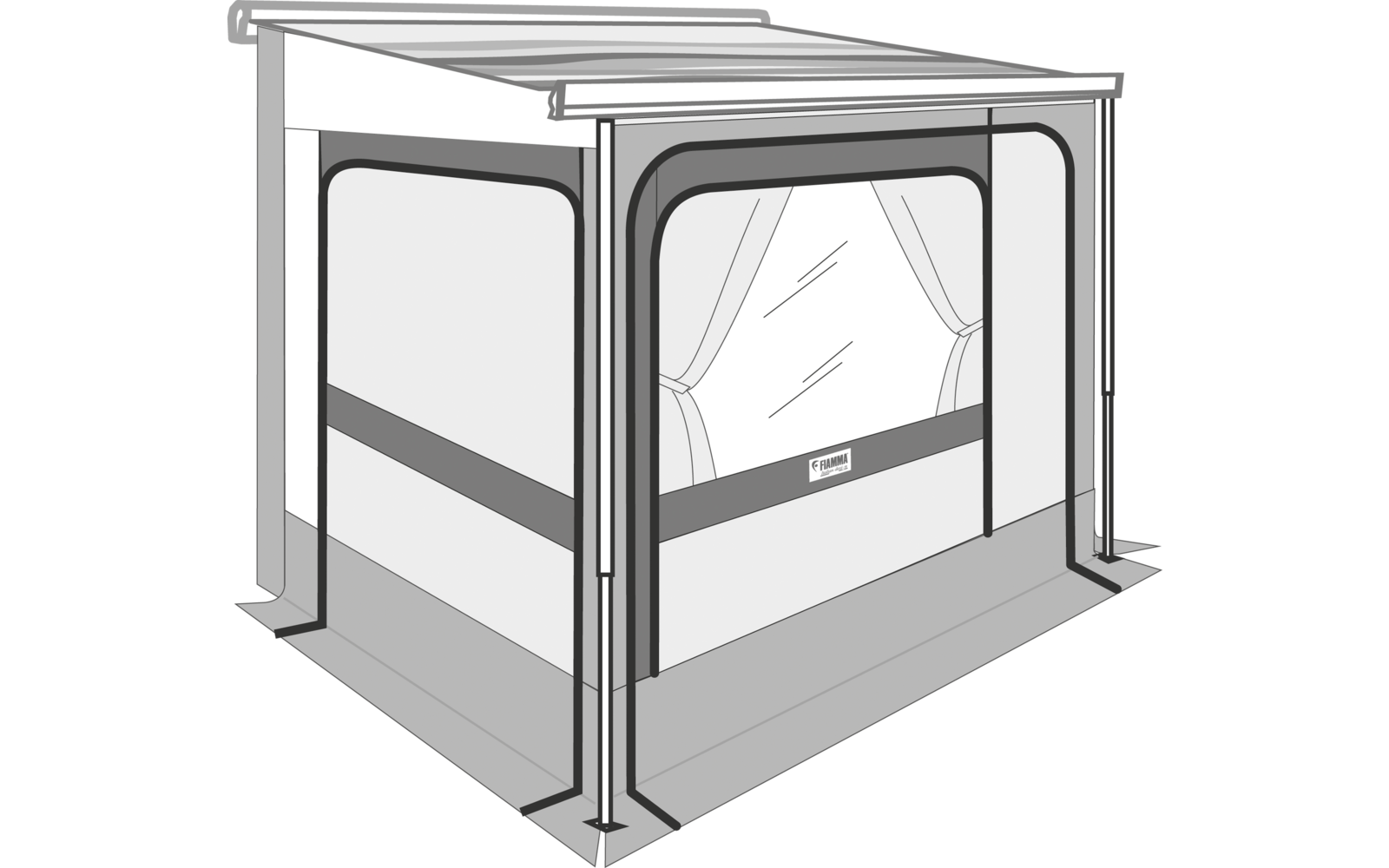 Rechthoekige vrijstaande overkapping met plat dak, vier steunpalen, open voorkant met teruggebonden gordijnen, zijpanelen met horizontale streep en verhoogde vloer