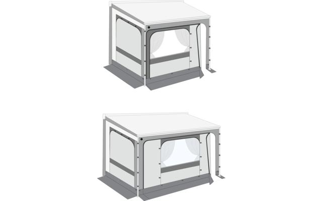 Zwei rechteckige weiße Zelt-ähnliche Überdachungen mit flachem Dach, seitlichen Wänden und großen rechteckigen Fenstern mit weißen Vorhängen; oben Vorhänge geöffnet, unten Vorhänge geschlossen