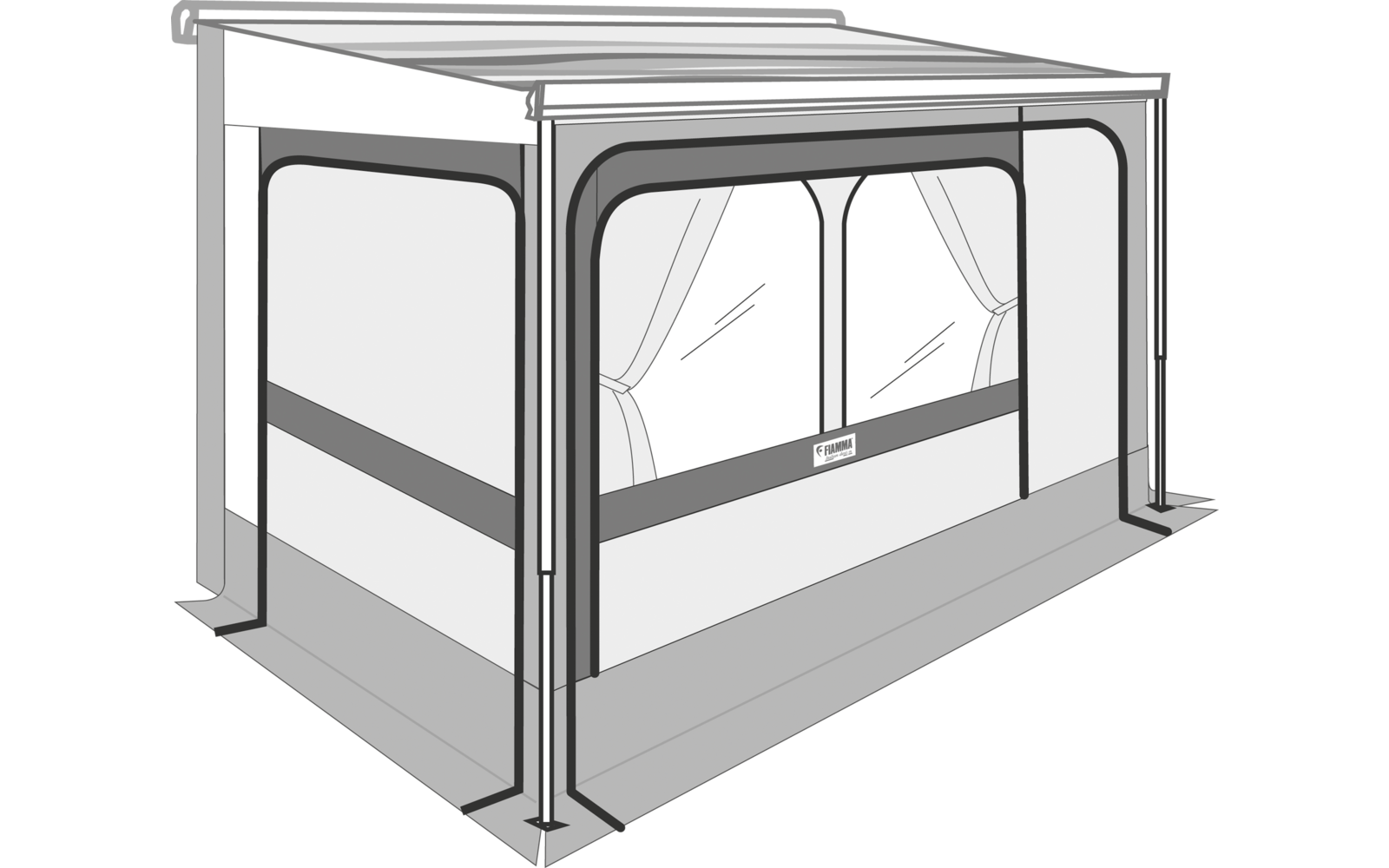 Rechthoekige tentachtige constructie met een groot frontraam, twee hangende gordijnen, metalen steunpalen, gesloten zijpanelen en een grondzeil