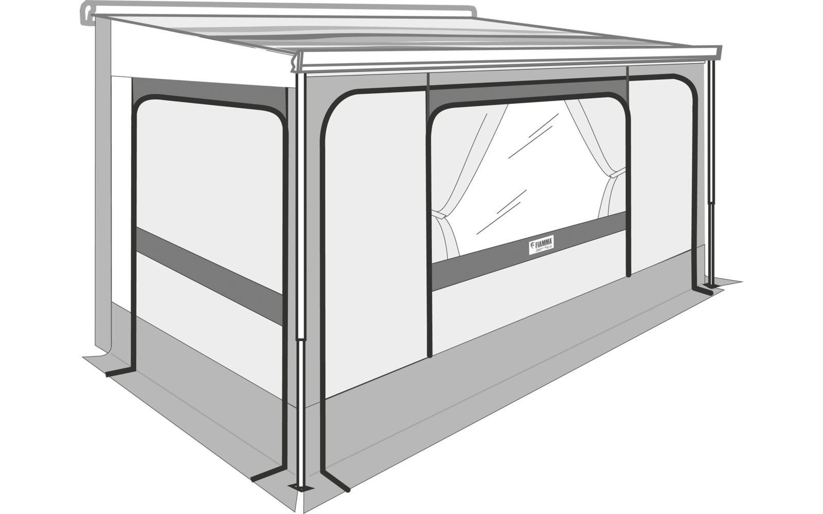 Overdekt paviljoen met plat dak, vier staanders, witte zijpanelen, groot rechthoekig raam met naar de zijkanten open gordijnen