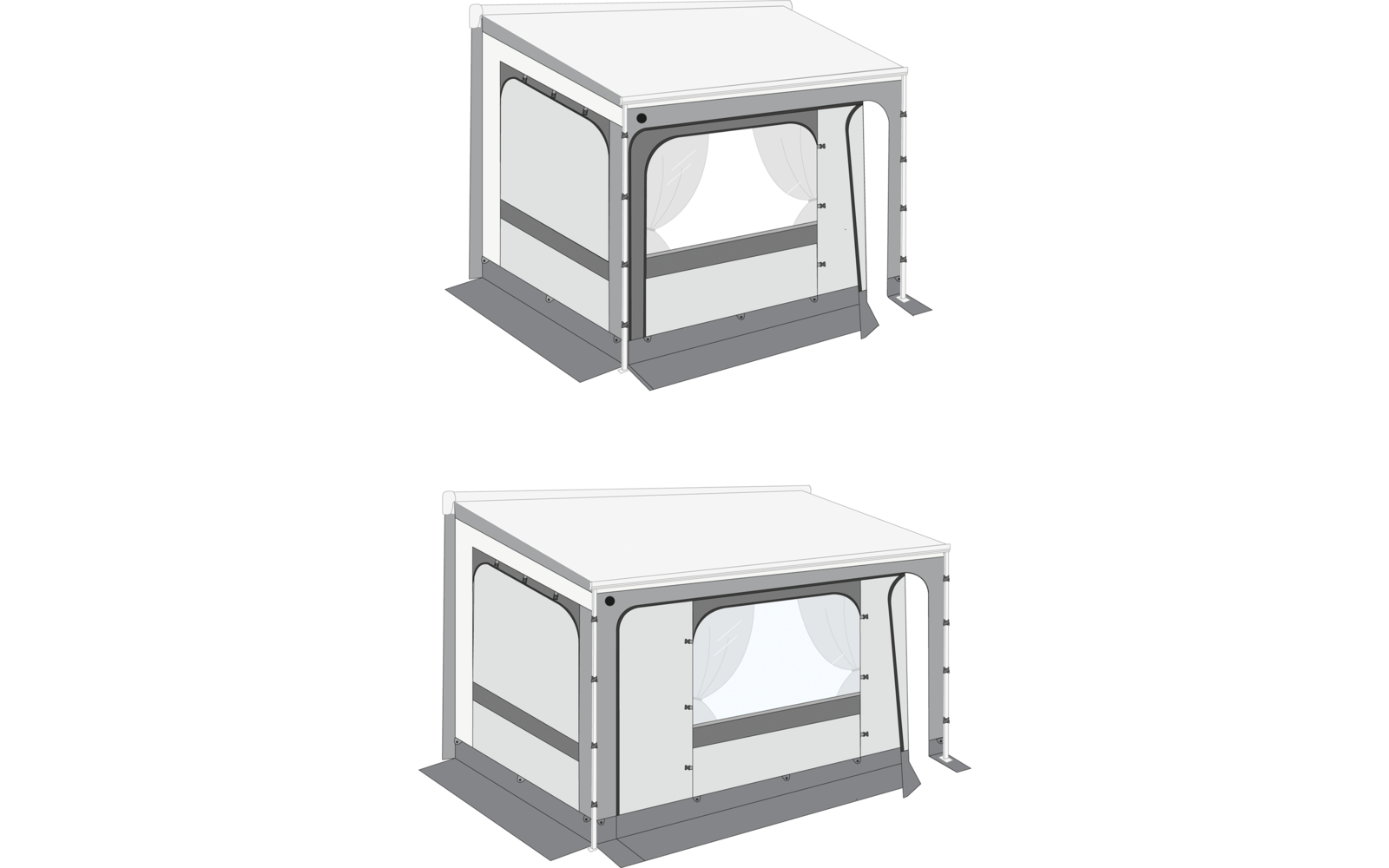 Zwei rechteckige weiße Zelt-ähnliche Überdachungen mit flachem Dach, seitlichen Wänden und großen rechteckigen Fenstern mit weißen Vorhängen; oben Vorhänge geöffnet, unten Vorhänge geschlossen