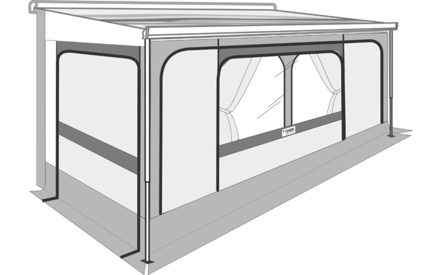 Rechthoekige witte stofomhulling op een sokkel met een raamopening, teruggebonden gordijnen, zichtbare steunpalen en een plat dak