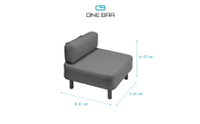 Gray corner sofa with backrest and dimensions in centimeters