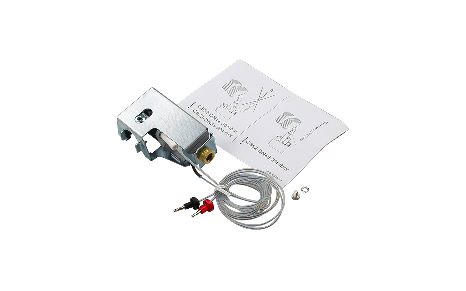 Metallhalterung mit Messinganschluss, aufgewickeltes Kabel mit rotem und schwarzem Stecker, Anleitungspapier mit Diagrammen sowie Schraube und Scheibe auf weißem Hintergrund