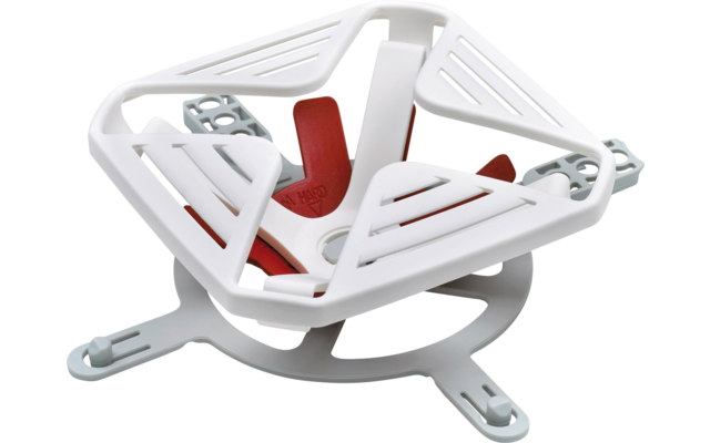 Dreieckige weiße Kunststoff-Eckablage mit roten rutschfesten Einsätzen auf weißem Hintergrund