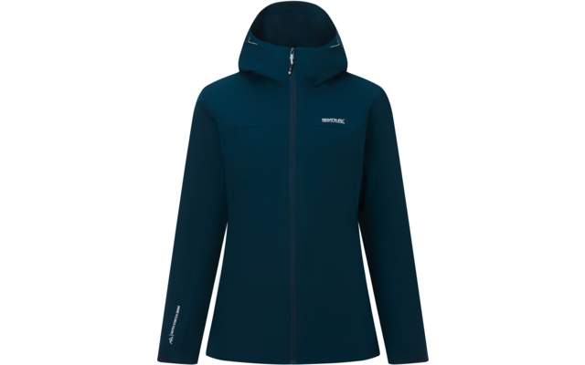 Dunkelblaue Jacke mit Kapuze, durchgehendem Reißverschluss vorne, langen Ärmeln und sichtbaren Logos auf linker Brust und linkem Ärmel nahe dem Bündchen vor weißem Hintergrund