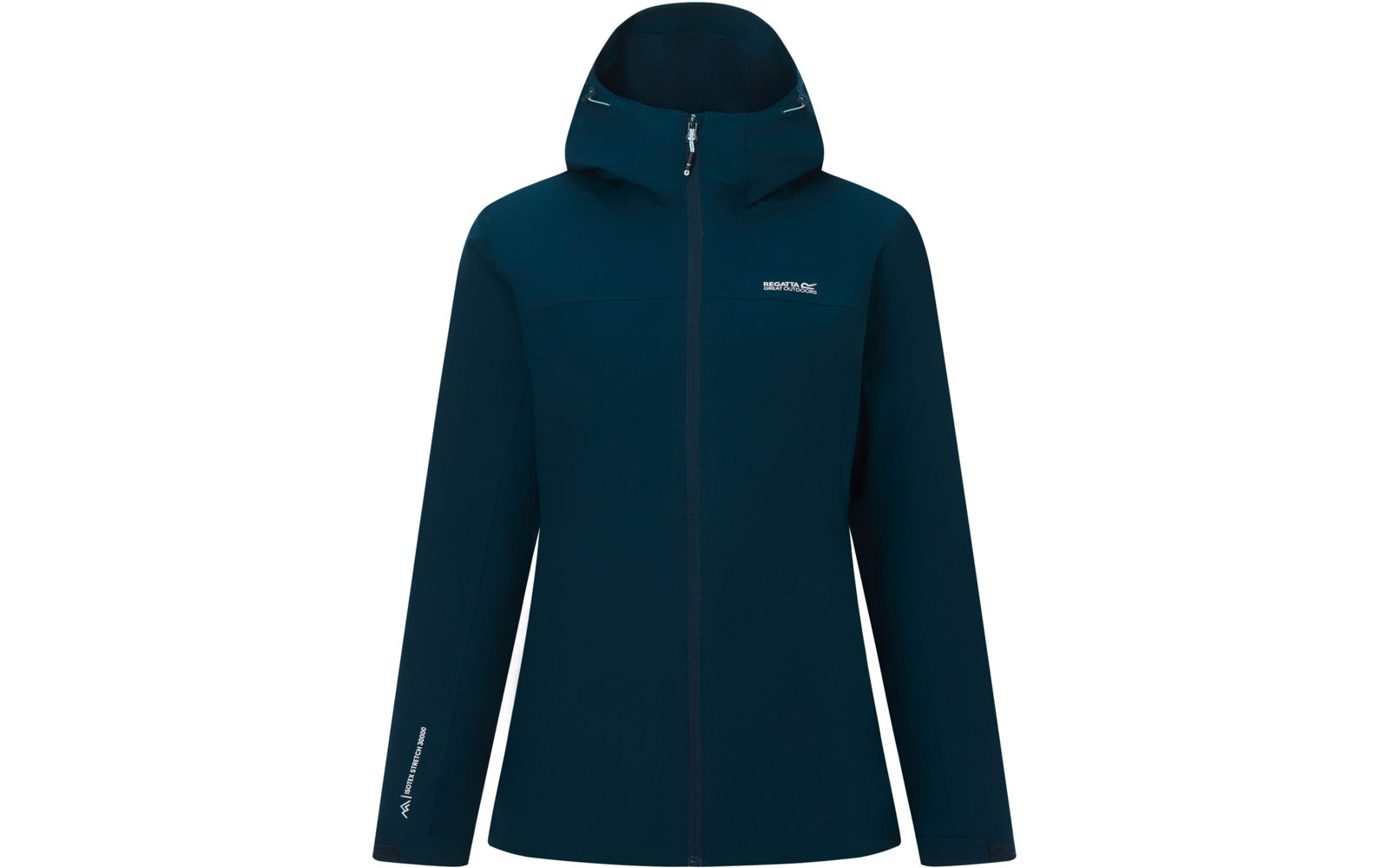 Dunkelblaue Jacke mit Kapuze, durchgehendem Reißverschluss vorne, langen Ärmeln und sichtbaren Logos auf linker Brust und linkem Ärmel nahe dem Bündchen vor weißem Hintergrund